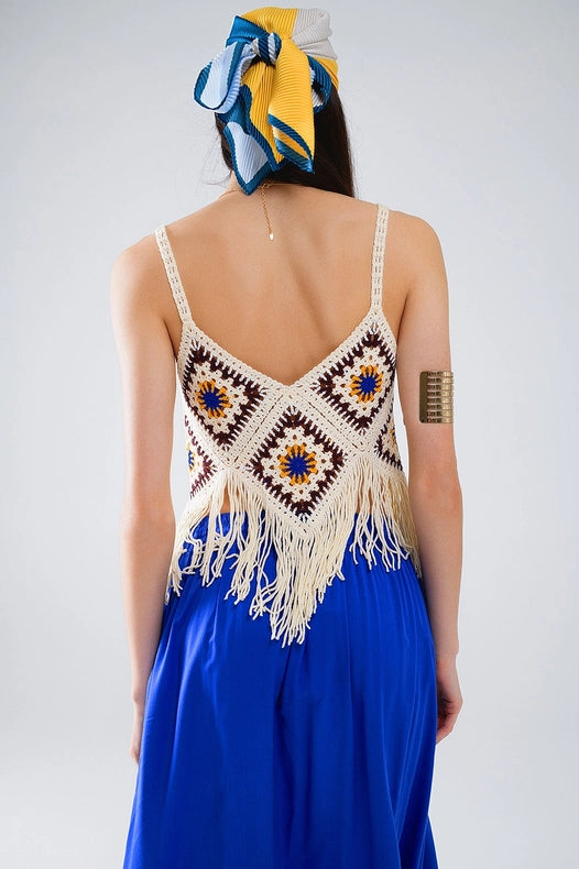 Crochet Top with Fringe Ends in Cream