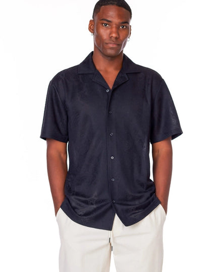 Crochet/Textured Short Sleeve Men's Shirt BLACK