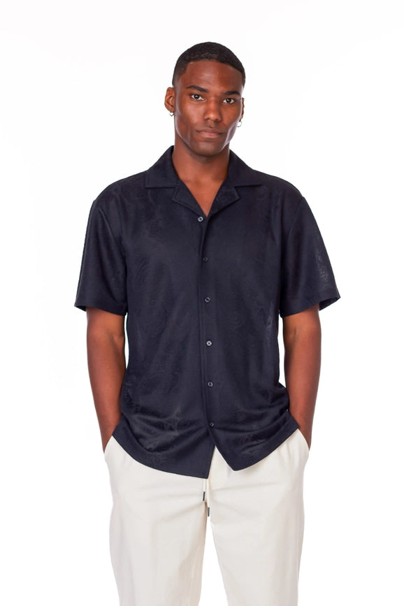 Crochet/Textured Short Sleeve Men's Shirt BLACK