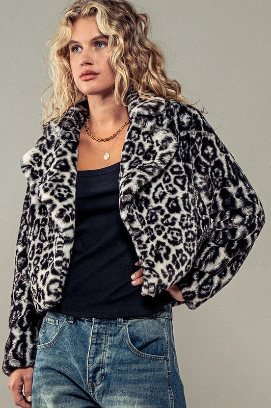 Cropped Animal Print Winter Coat BLACK