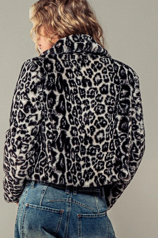 Cropped Animal Print Winter Coat BLACK