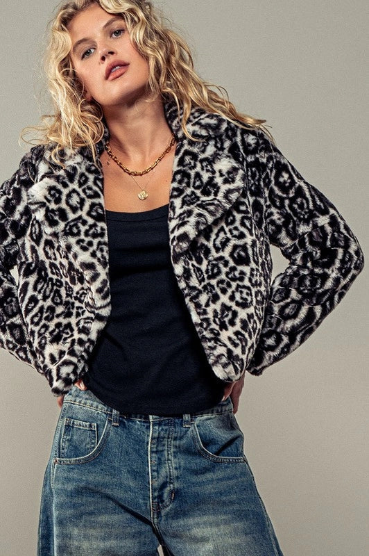 Cropped Animal Print Winter Coat BLACK