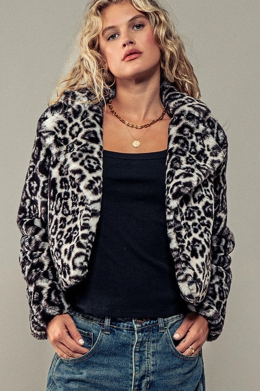 Cropped Animal Print Winter Coat BLACK