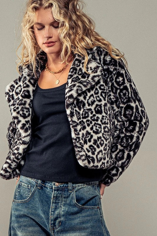 Cropped Animal Print Winter Coat BLACK