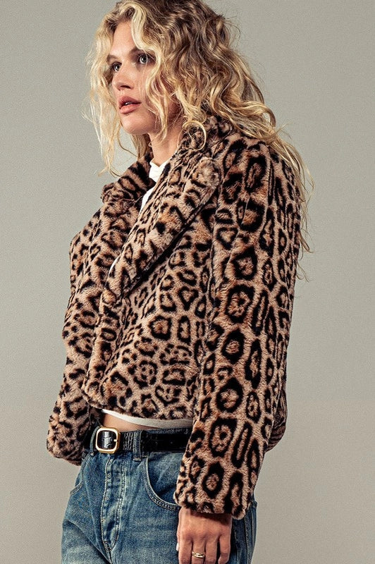 Cropped Animal Print Winter Coat CAMEL