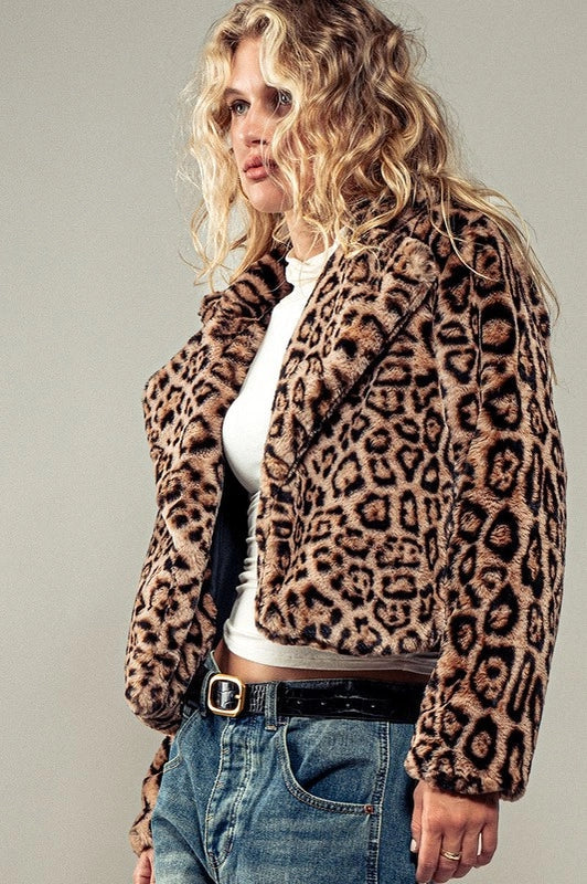 Cropped Animal Print Winter Coat CAMEL