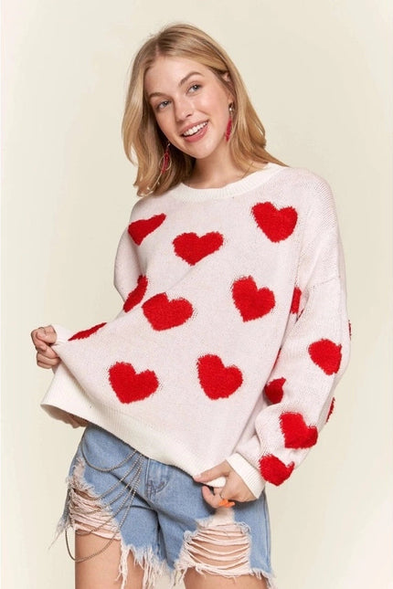 Cropped Button Down Sweater Cardigan Boho Floral Heart Patte WHITE/RED