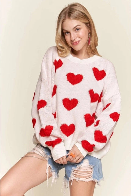 Cropped Button Down Sweater Cardigan Boho Floral Heart Patte WHITE/RED