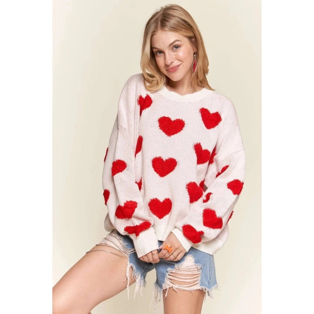 Cropped Button Down Sweater Cardigan Boho Floral Heart Patte WHITE/RED