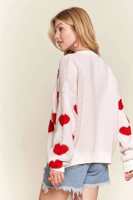 Cropped Button Down Sweater Cardigan Boho Floral Heart Patte WHITE/RED