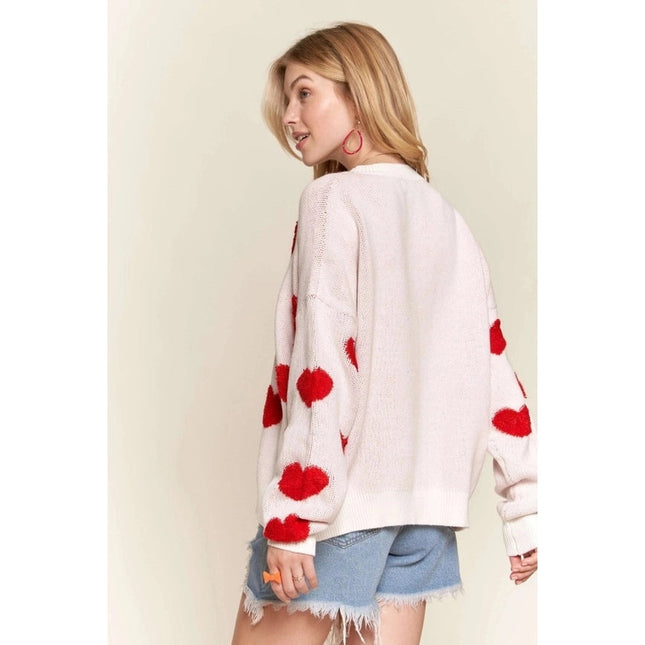 Cropped Button Down Sweater Cardigan Boho Floral Heart Patte WHITE/RED