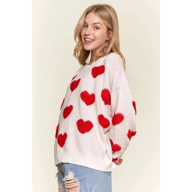 Cropped Button Down Sweater Cardigan Boho Floral Heart Patte WHITE/RED