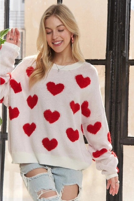 Cropped Button Down Sweater Cardigan Boho Floral Heart Patte WHITE/RED