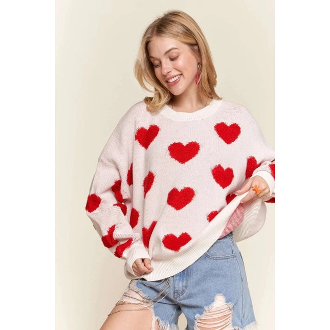 Cropped Button Down Sweater Cardigan Boho Floral Heart Patte WHITE/RED