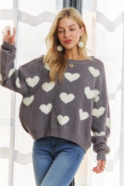 Cropped Button Down Sweater Cardigan Boho Floral Heart Patte grey/white