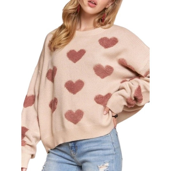 Cropped Button Down Sweater Cardigan Boho Floral Heart Patte khaki/mauve