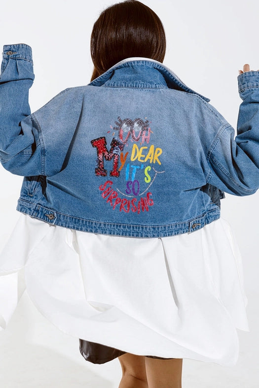 Cropped Denim Jacket with Zipper Closure and Hand Painted