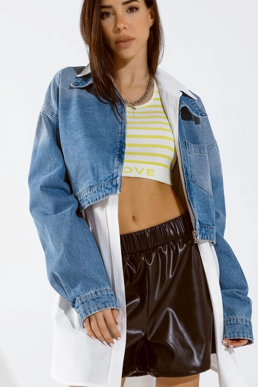 Cropped Denim Jacket with Zipper Closure and Hand Painted