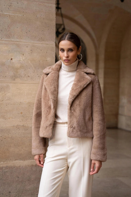 Cropped Jacket Synthetic Fur with Lapel Collar Camel