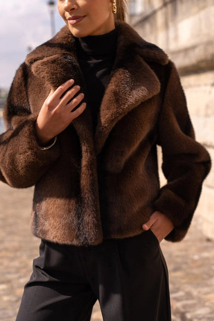 Cropped Jacket Synthetic Fur with Lapel Collar Chocolate