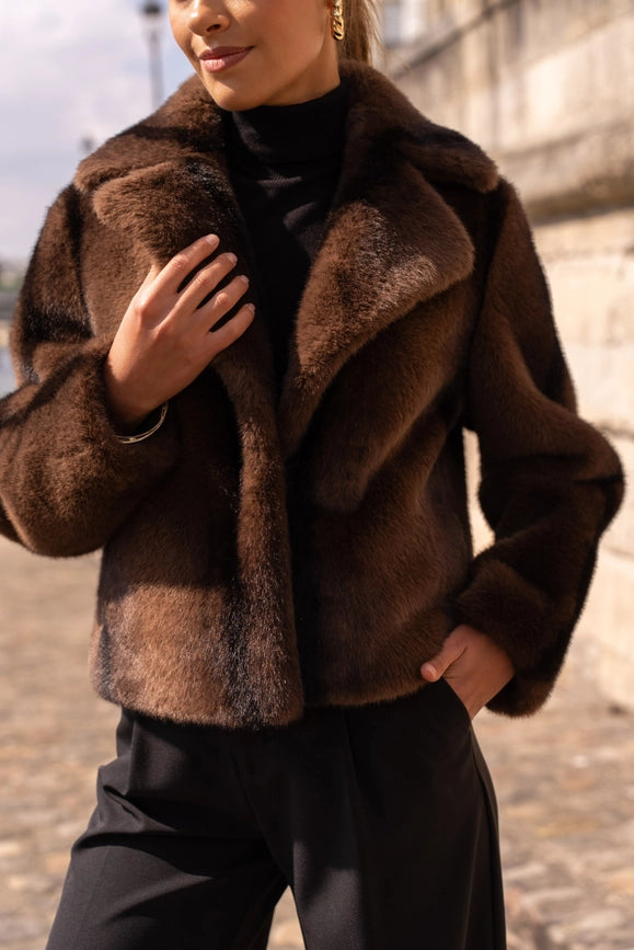 Cropped Jacket Synthetic Fur with Lapel Collar Chocolate