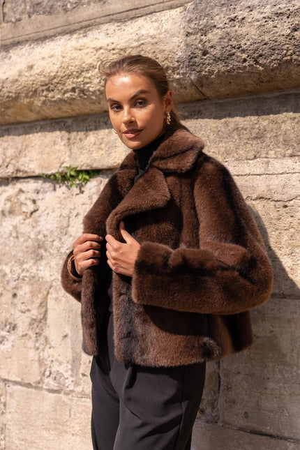 Cropped Jacket Synthetic Fur with Lapel Collar Chocolate