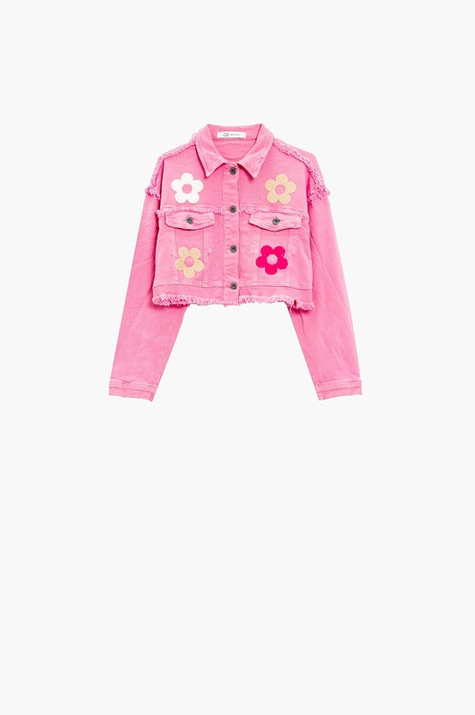 Cropped Jacket with Chest Pockets and Flower Details in Pink