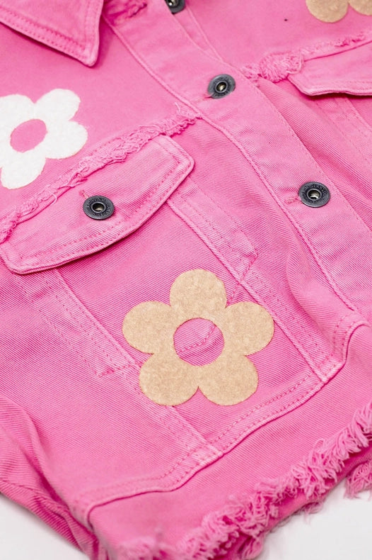 Cropped Jacket with Chest Pockets and Flower Details in Pink