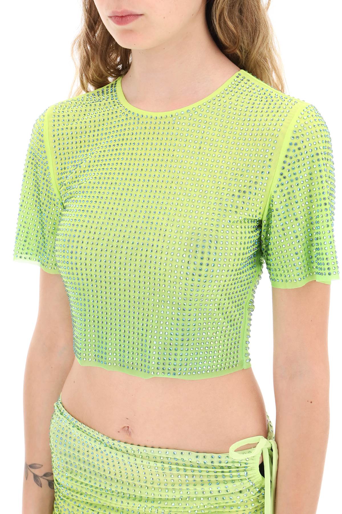 Cropped Top In Mesh With Crystals All-Over-women > clothing > tops and sweatshirts > tops-Self Portrait-6-Verde-Urbanheer