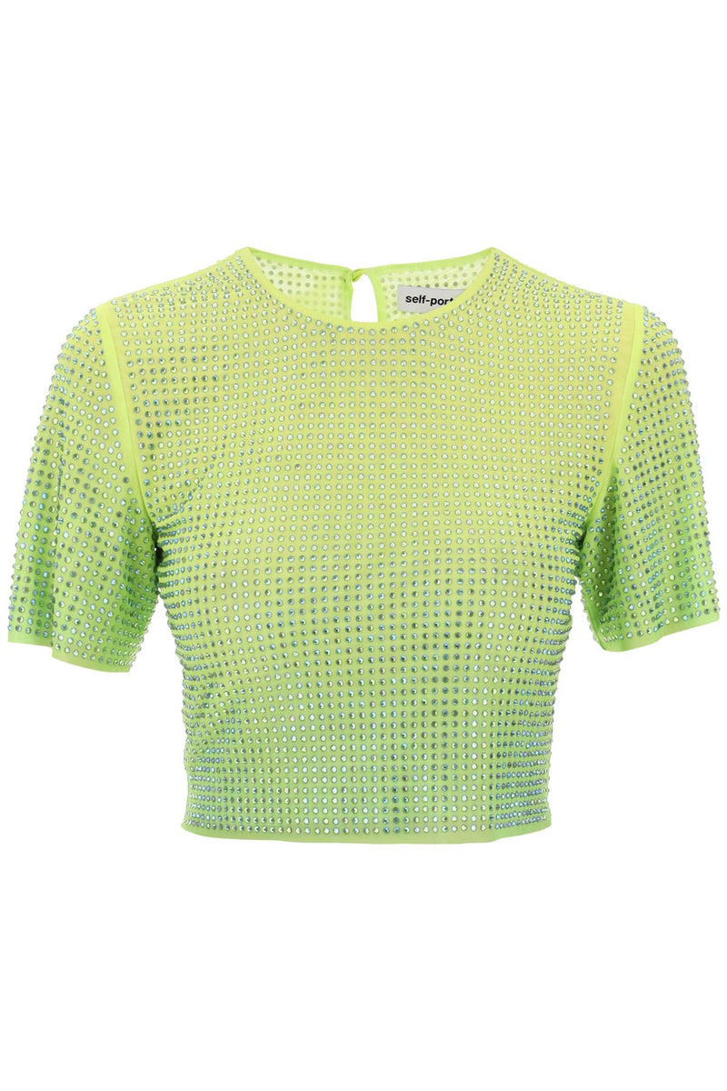 Cropped Top In Mesh With Crystals All-Over-women > clothing > tops and sweatshirts > tops-Self Portrait-6-Verde-Urbanheer