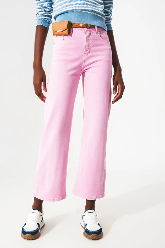 Cropped Wide Leg Jeans In Bubblegum Pink