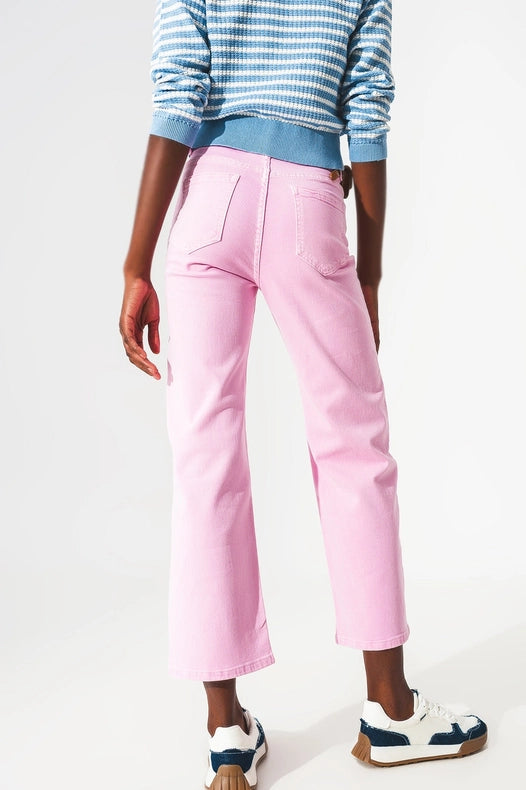 Cropped Wide Leg Jeans In Bubblegum Pink