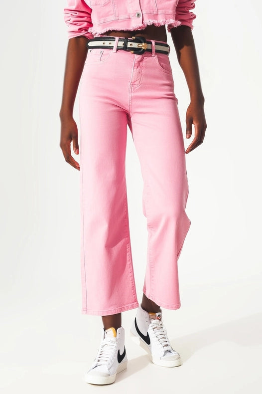 Cropped Wide Leg Jeans In Pink