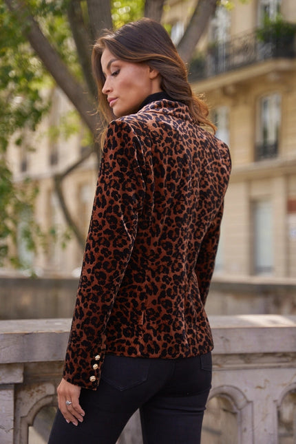 Cross Fitted Leopard Velvet Jacket Camel