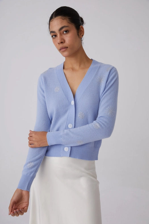 Crystal Embellished Snowflake Cashmere Sweater Light Blue