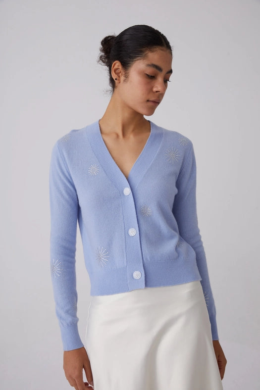 Crystal Embellished Snowflake Cashmere Sweater Light Blue