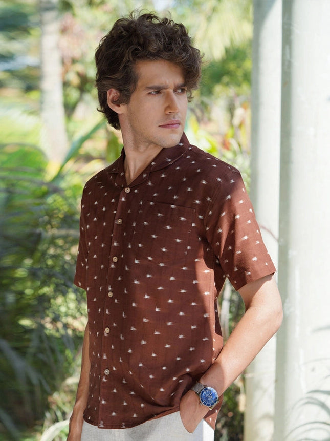 Cuban Collar Handwoven Ikat Shirt - Wood Chips-Shirt-Pali-Urbanheer