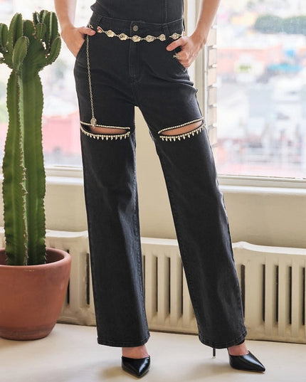 Cut Out Front Rhinestone Washed Denim Jeans Black