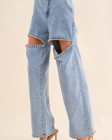 Cut Out Front Rhinestone Washed Denim Jeans Light Wash