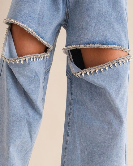 Cut Out Front Rhinestone Washed Denim Jeans Light Wash