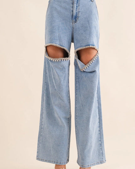 Cut Out Front Rhinestone Washed Denim Jeans Light Wash