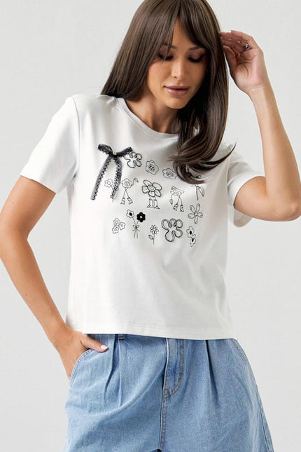 Cute Doodles T-Shirt with Pearls & Ribbon