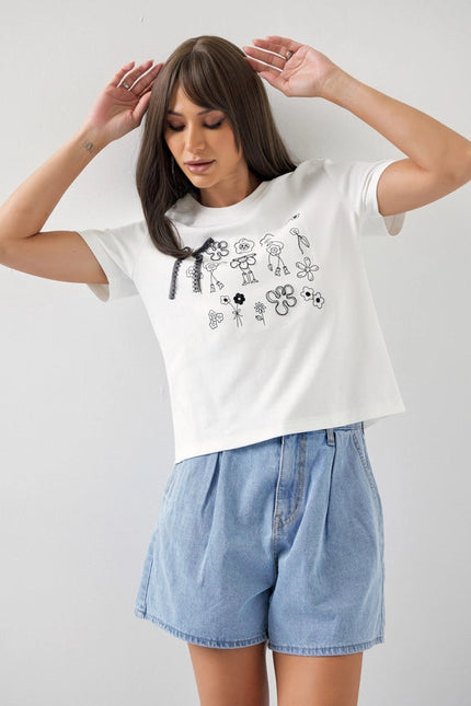 Cute Doodles T-Shirt with Pearls & Ribbon