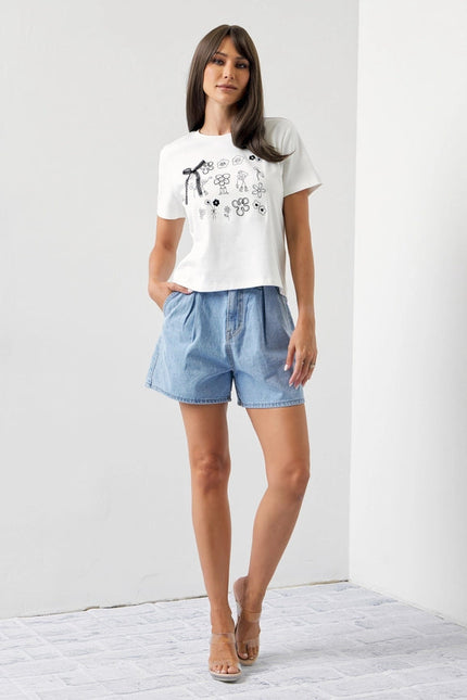 Cute Doodles T-Shirt with Pearls & Ribbon