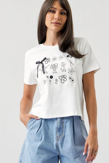 Cute Doodles T-Shirt with Pearls & Ribbon