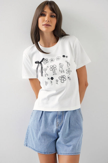 Cute Doodles T-Shirt with Pearls & Ribbon