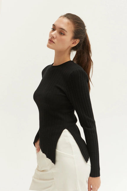 Danielle Rib Knit Asymmetric Hem Top Black