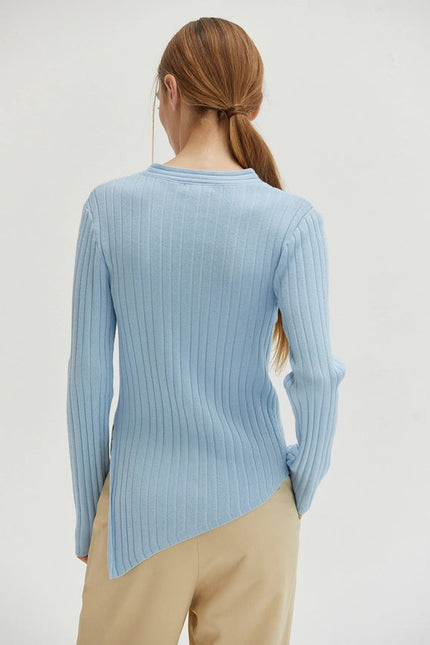 Danielle Rib Knit Asymmetric Hem Top Light Blue