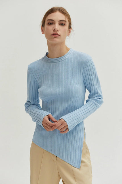 Danielle Rib Knit Asymmetric Hem Top Light Blue