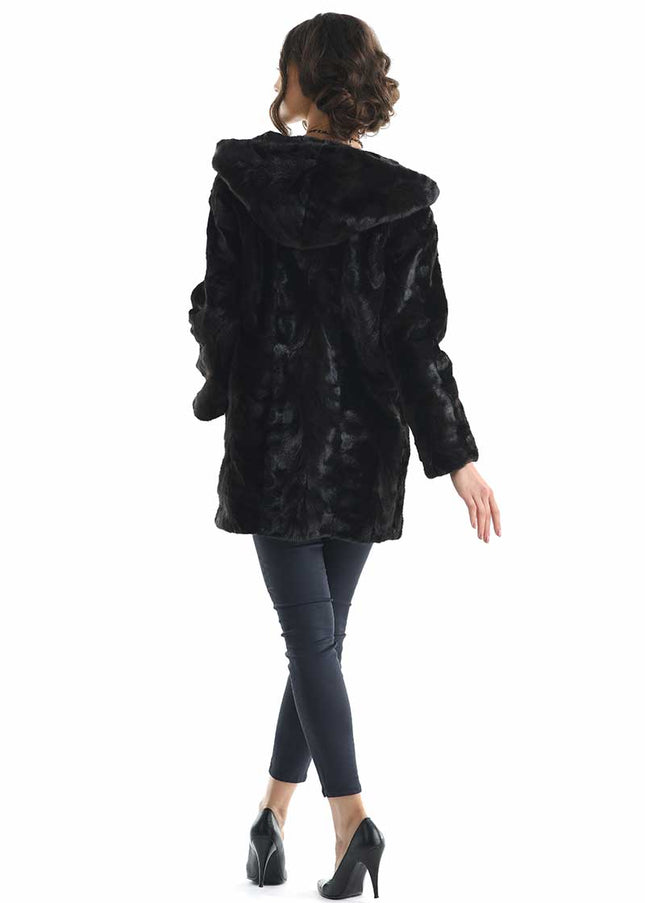 Dark Brown Hooded Genuine Mink Fur Coat with Leather Belt-1